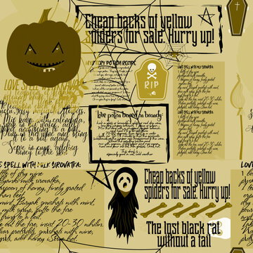 Seamless pattern old newspaper, digital paper vintage newspaper. Halloween. A recipe for a magic potion