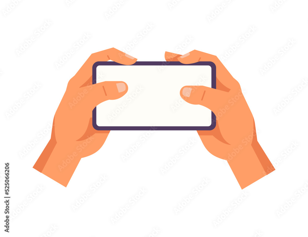 Poster Hand holding smartphone. Vector icon of people hold smartphone or using touch gestures for mobile phone while reading. Press and point, pich and unpinch, rotate and swipe symbol. Digital device