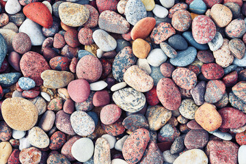 Multicolored colorful sea pebbles, nature background. Small stones. Top view