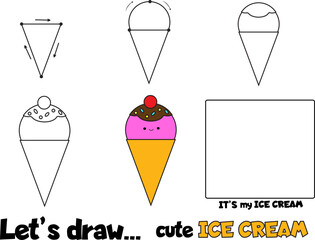 Drawing tutorial for children. Printable creative activity for kids. How to draw ice cream step by step - 525066426