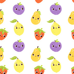 Seamless pattern with funny fruits and berries. cartoon characters of lemon, strawberry, plum and pear on white