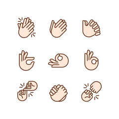 Obraz premium Gestures and communication pixel perfect RGB color icons set. Non verbal signals. Body expression. Isolated vector illustrations. Simple filled line drawings collection. Editable stroke