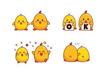 Set of cute couple little duck or little chick for social media sticker emoji say OK happy and hug emoticon
