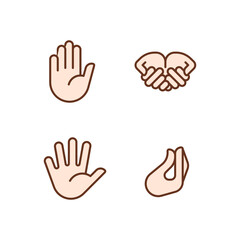 Conveying information by gestures pixel perfect RGB color icons set. Communication system. Hand positions. Isolated vector illustrations. Simple filled line drawings collection. Editable stroke