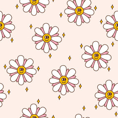 Obraz premium Retro seamless pattern with groovy happy daisies and stars. Background in a warm color palette. Textile design in vintage style 60s 70s. Vector illustration.