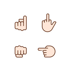 Pointing fingers and fist pixel perfect RGB color icons set. Hand gestures. Body language performance. Isolated vector illustrations. Simple filled line drawings collection. Editable stroke