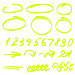 Highlighter ovals set. Marker hand drawn numbers, lines, arrows, check, circle, isolated on white background. Marker pen highlight underline strokes. Vector graphic doodle element.