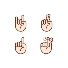 Informative hand gestures pixel perfect RGB color icons set. Non verbal message. Body language signals. Isolated vector illustrations. Simple filled line drawings collection. Editable stroke