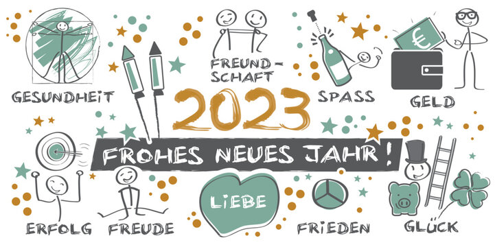 2023 Frohes neues Jahr illustrierte Grußkarte mit Symbolen mit deutschem Text