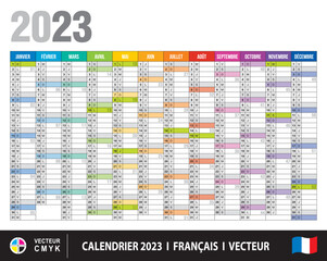 Planning calendrier français 2023. Textes 100% vectorisés. Vecteur multi calques. Eléments et couleurs facilement modifiables et personnalisables - 525067498
