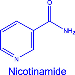 Nicotinamide Vitamin B3 molecule Niacinamide PP structure. Blue skin care chemical formula