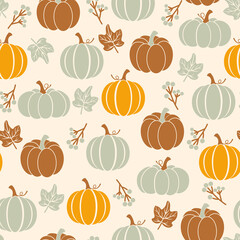 Thanksgiving seamless pattern. Pumpkins on a beige background. Happy Thanksgiving vector pattern. Harvest season. Fall pattern. Autumn design for fabric, paper, cover, interior decor.