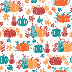 Thanksgiving seamless pattern. Colorful Pumpkins on a white background. Happy Thanksgiving vector pattern. Harvest season. Fall pattern. Autumn design for fabric, paper, cover, interior decor.