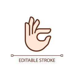 Fingers holding small item pixel perfect RGB color icon. Hand gesture. Interaction process. Isolated vector illustration. Simple filled line drawing. Editable stroke. Arial font used