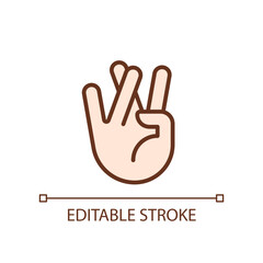 Praying for good luck pixel perfect RGB color icon. Crossed ring and middle fingers. Hand gesture. Isolated vector illustration. Simple filled line drawing. Editable stroke. Arial font used