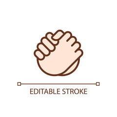 Obraz premium Friendly handshake pixel perfect RGB color icon. Joining hands. Buddies greeting gesture. Isolated vector illustration. Simple filled line drawing. Editable stroke. Arial font used