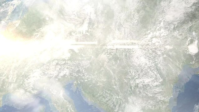 Earth zoom in from outer space to city. Zooming on Trnava, Slovakia. The animation continues by zoom out through clouds and atmosphere into space. Images from NASA