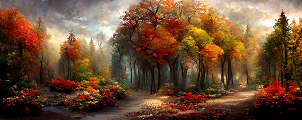 Enchanted autumn forest and a footpath, fairytale woodland