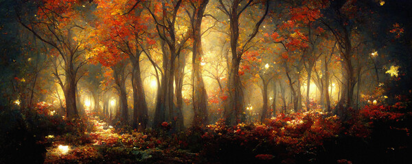 Beautiful autumn forest illustration, colorful fall foliage - 525068697