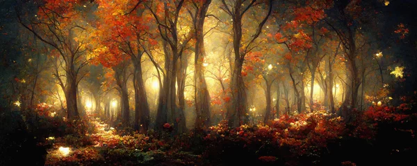 Washable wall murals Fairy forest Beautiful autumn forest illustration, colorful fall foliage