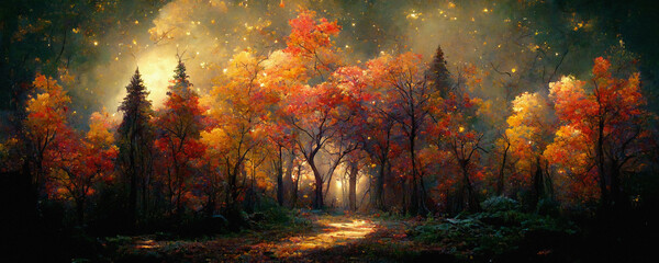 Sehr schöner Herbstwald nachts mit einem epischen Herbstlaub