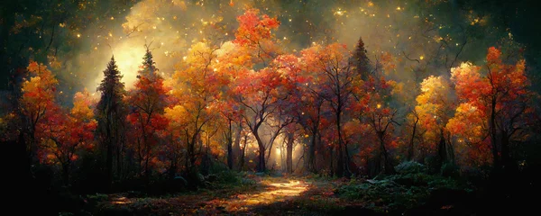 Papier Peint photo autocollant Chocolat brun Très belle forêt d& 39 automne la nuit avec un feuillage d& 39 automne épique