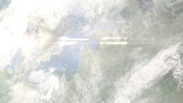 Earth zoom in from outer space to city. Zooming on Tukums, Latvia. The animation continues by zoom out through clouds and atmosphere into space. Images from NASA