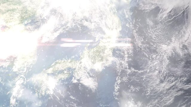 Earth zoom in from outer space to city. Zooming on Ueda, Nagano, Japan. The animation continues by zoom out through clouds and atmosphere into space. Images from NASA