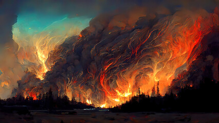 Wildfire, forest burning, 4k digital painting. Illustration of trees that burn. Landscape on fire after a heatwave. Wild flames raging trough the environment. Background, wallpaper. Red, yellow flames