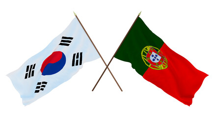 Background, 3D render for designers, illustrators. National Independence Day. Flags South Korea and Portugal