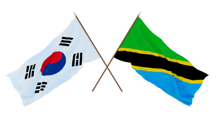 Background, 3D render for designers, illustrators. National Independence Day. Flags South Korea and Tanzania
