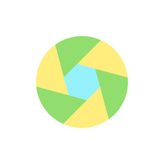 Camera diaphragm flat color ui icon. Optical mechanism. Objective glass detail. Photography. Simple filled element for mobile app. Colorful solid pictogram. Vector isolated RGB illustration