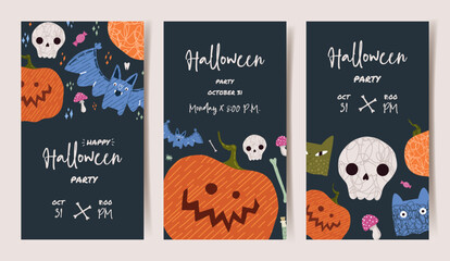 Template on dark backdrop. Vector design. Social media set design. Halloween illustration. Holiday background. Holiday banner design. 