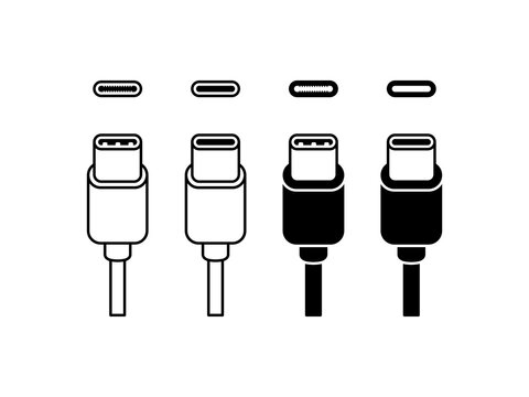 USB type-C charging cable vector symbols. Simple flat black icon set. 