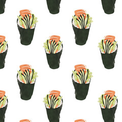 Sushi pattern. Sea food. White background.