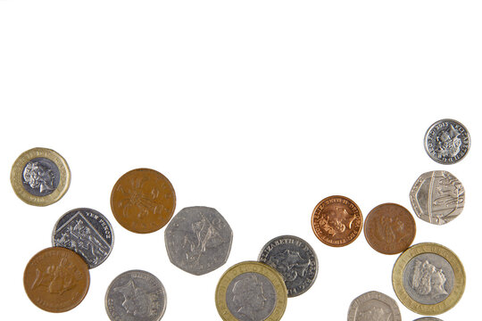 British Coins isolated on a white background with copy space.