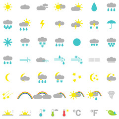 Meteo forecast pictogram vector set. Symbols of rain, rainbow, sun, hot and cold temperature, winter snow and cloud