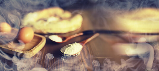 Abstract food background. Lavash from durum flour. Handmade fresh pastries. Pita product. Bread, flour and ingredients.