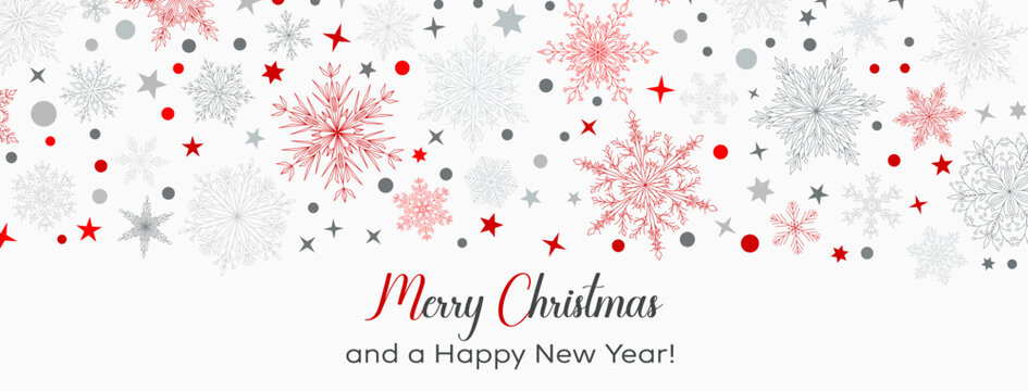 Illustration with complex big and small Christmas snowflakes in red and gray colors with inscription Merry Christmas. Winter background with falling snow