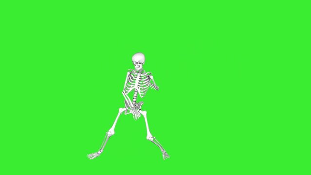 Skeleton is dancing, isolated on a green screen. 3D animation for Halloween.