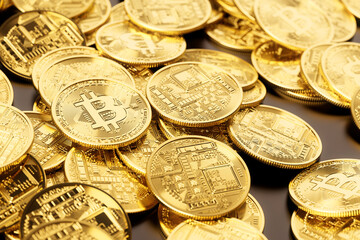 テーブルの上に散らばった仮想通貨のコイン / 3Dレンダリンググラフィックス