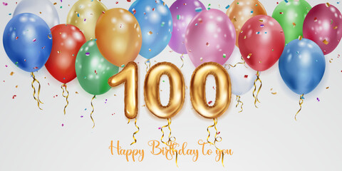 Festive birthday illustration with colored helium balloons, big number 100 golden foil balloon, flying shiny pieces of serpentine and inscription Happy Birthday on white background