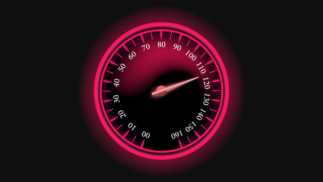 A red circle car speedometer with illumination on a black background