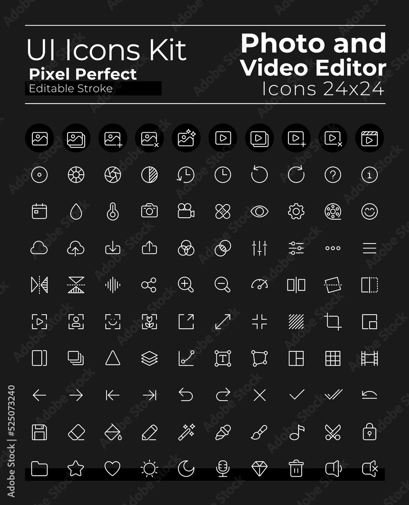 Wall mural photo and video editing pixel perfect white linear ui icons set for dark theme. isolated user interf