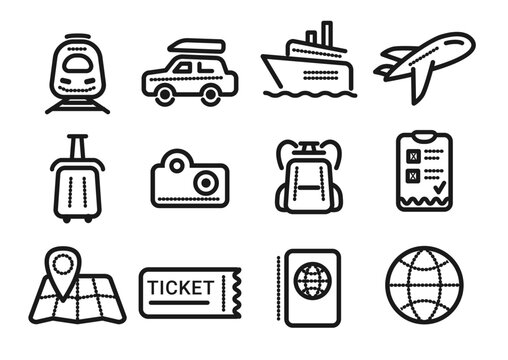Travel Line Icons, vocation signs for web development apps, websites, infographics, design elements. Contains such icons as train, car, cruise ship, plane, suitcase, camera, backpack, map, ticket, pas