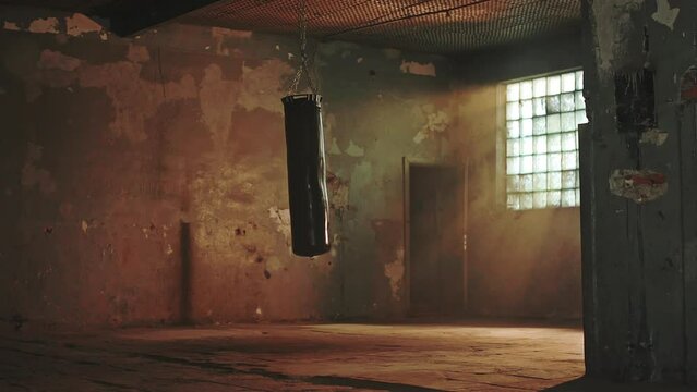 Punching bag swinging on a chain in an old building