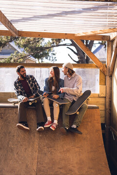 Vertical image of happy diverse female and male friends with skateboards in skate park
