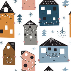 Seamless pattern with cute houses on a white background. Creative childlike texture for fabric, wrapping, textile, wallpaper, clothes. Vector illustration