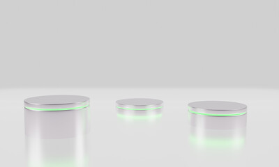 3d render podium for display products, three podiums with green lights, white background
