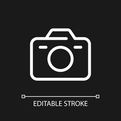 Camera pixel perfect white linear ui icon for dark theme. Digital, analogue. Photographic device. Vector line pictogram. Isolated user interface symbol for night mode. Editable stroke. Arial font used